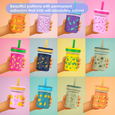 12 oz 4 Packs Sursip Toddler Glass Sippy Cups, Kids Baby Spill-Proof Water Tumbler with Straw and Lids, Smoothie Snack
