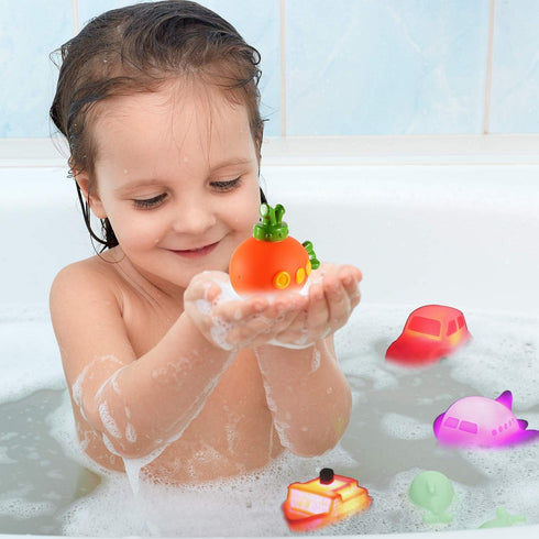 CHIMAGER 6 Packs Set, Swimming No Hole Boat Bath Toy Light up Changing Color in Water, Floating Rubber Bathtub Toys