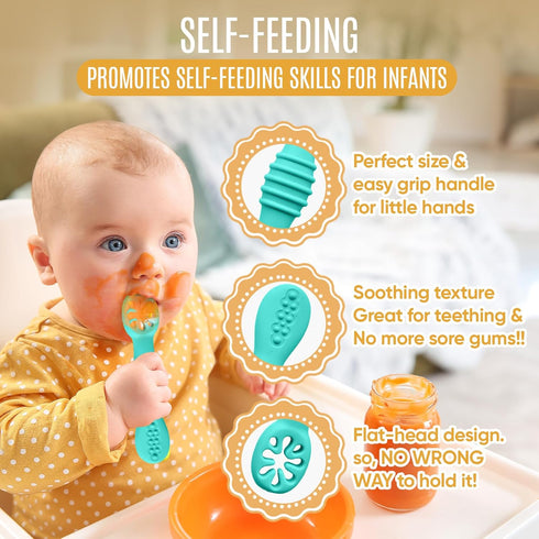 4pc Silicone Self Feeding Baby Utensils Set, 3 Baby Spoons and 1 Baby Fork, BPA Free, Dishwasher Safe (Blue/Green)