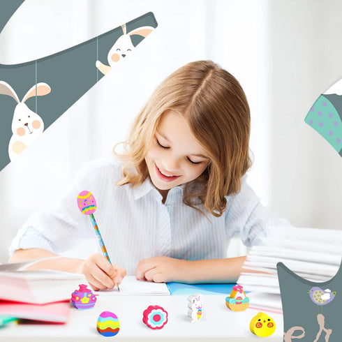 Easter Erasers - 12 Styles Bunny Egg Pencil Toppers for Kids, 3D Mini Rubber Erasers, 144 Pack