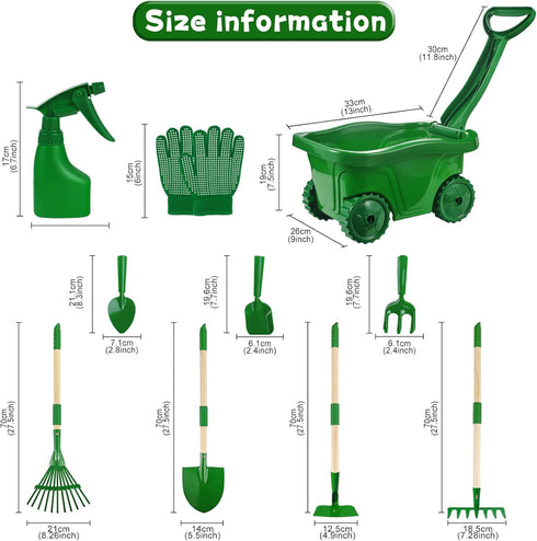 Set 10pcs Wheelbarrow Set Summer 2 3+ Duckura Kids Gardening Tools - for Kids with Shovel, Rake, Leaf Rake, Outdoor