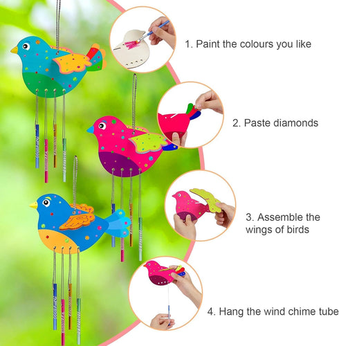 6 Pack 3D Fennoral Bird Wind Chime Craft Kit for Kids Make You Own Birds Wind Chimes Ornament Wooden Arts and Crafts