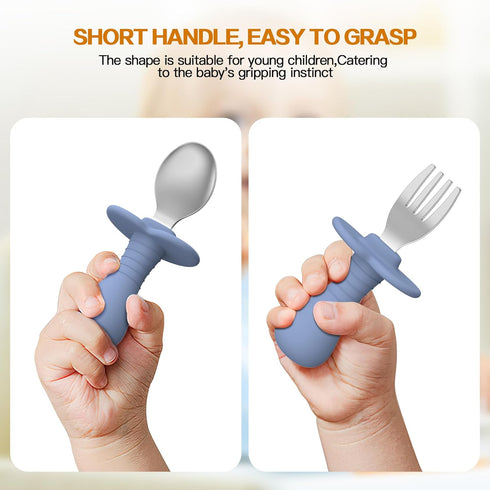 2 Pcs Toddler Utensils Set, Stainless Steel Forks and Spoons for Children, Safe Flatware Metal Kids Cutlery with Round