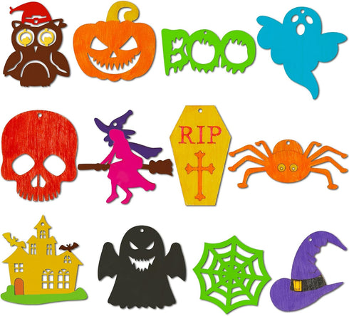Max Fun 60PCS Halloween Crafts, Painting Wooden Slices Cutouts for Kids DIY Hanging Decorations