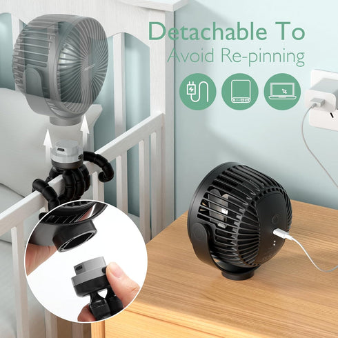 Momcozy 8000mAh 27H 4 360Rotate 2 Portable Stroller Fan | Ultra-long Battery Life | Detachable Speed | Modes LED Night