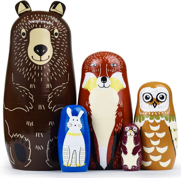 GRPSKCOS Russian Nesting Dolls, Animal Bear Matryoshka Dolls, Cute Handmade Wooden Toys Set of 5 for Kids