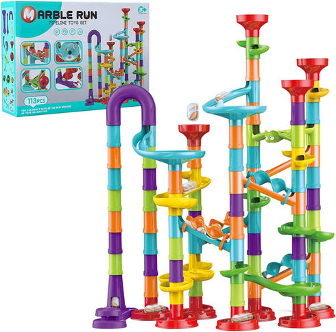 Marble Run for Kids Ages 4-8 - DIY Educational Playset, Track Pipe Building Blocks with Glass Marbles