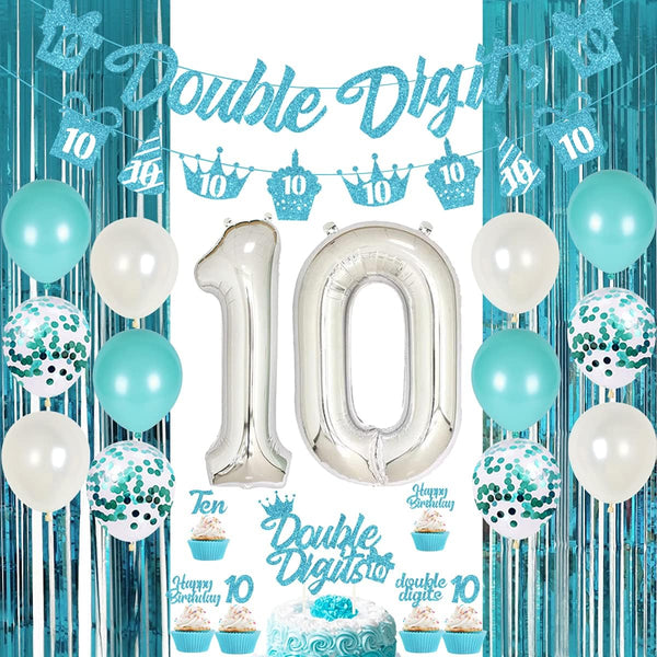 10th Birthday Decorations for Girls, Teal Blue Double Digits Party Supplies, Number 10 Foil Balloon