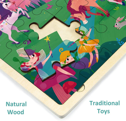 24 Piece Wooden Jigsaw Puzzles for Kids Ages 3-5, Unique Shape Fairy Princess Puzzle for Toddlers with Tray