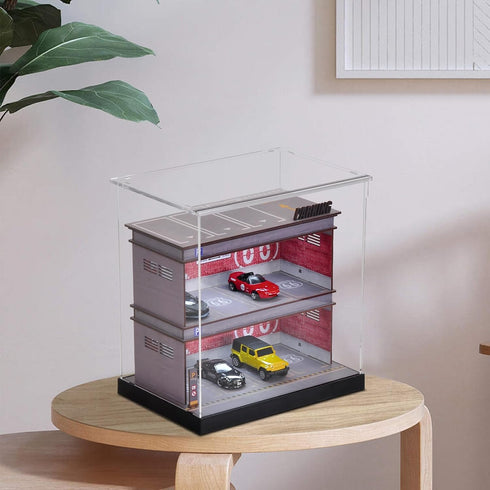 Display Case 1/64 Scale Diecast Parking Garage Model - 3-Tires with LED Light, 12 Parking Spaces, Full Acrylic Cover
