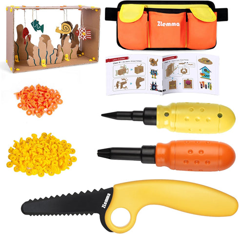 Cardboard Construction Tools Kit 124-Pieces with Waist Bag, Safety Ring Saw, Screwdriver,