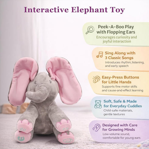 Dimple Kaia Peek A Boo Elephant Toy, Interactive Singing Stuffed Animal Plush with Moving Ears, Musical Stuffed Animal