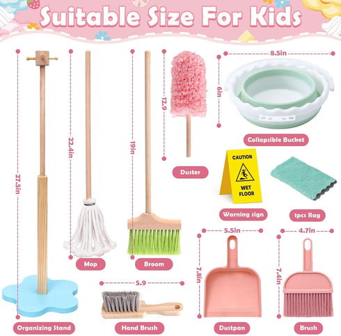 Set Set, 12 Playset 3 4 5 6 Lonico Wooden Kids Cleaning Toy for Toddlers Mop Broom and Dustpan Pcs Detachable