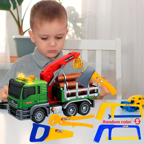 15 Inch 6 3-7 Friction Powered Timber Truck Toy with Loading Crane, Wooden Logs & Lights/Sounds - Play Vehicle Gift