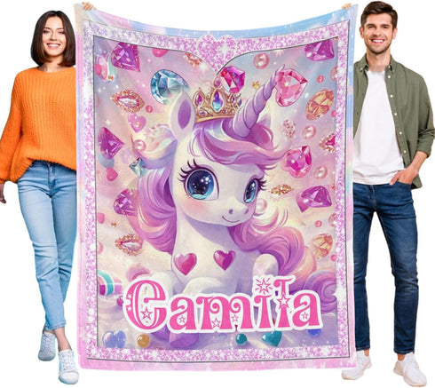 Personalized Baby Blanket with Unicorn Pattern for Girls, Custom Kids Blanket with Name, Customized Receiving Swaddle
