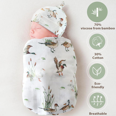 Set LifeTree Muslin Swaddle Blankets, Muslin Baby Boy Swaddle Blanket and Hat with Birth Announcement Card, Newborn