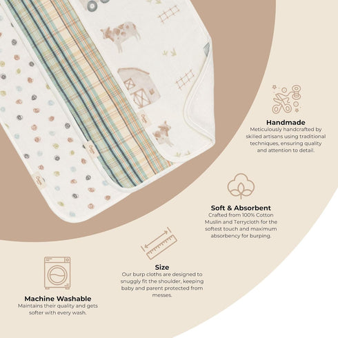 Set, 3-pc. 100% Crane Baby Burp Cloths Charlie Farmhouse Tractor Collection, Soft Cotton Muslin Burp Cloths for Baby