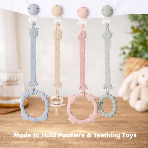 4 Pack, Pacifier Clips for Baby Boys Girls, One-Piece Silicone Pacifier Holder Strap Binky Paci Clips Animal Rainbow