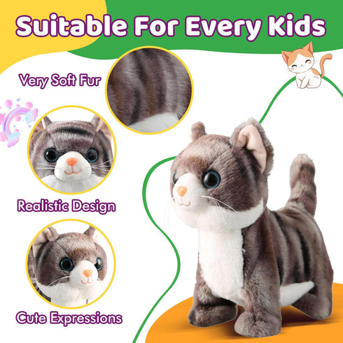 HCdoujoy Set Grey Robotic Cat Toy for Kids Remote Control Walking Kitten for Girls with Leash Electronic Pet That Meow