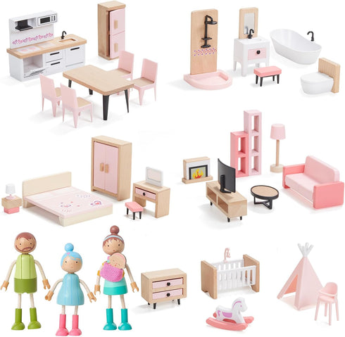 Giant bean 36pcs Wooden Dollhouse Furniture Set with Dolls for 5 Rooms,