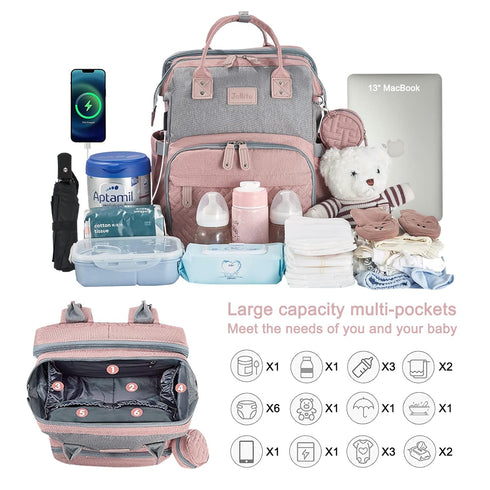 Backpack JOLLITO Baby Diaper Bag with Changing Station, Large Capacity, Stroller Straps and USB Charging Port, Baby