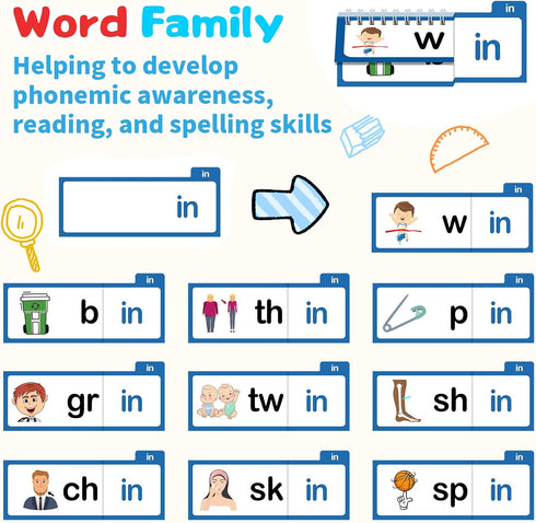 FOIFIS 30 3-8 Word Family Build Book, Read and Rhyme Flip Activity Book, Dinosaur ABC Learn to Read Phonics Flash Cards