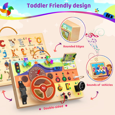 1-3, Montessori Wooden Busy Board with Steering Wheel & Driving Toys - Sensory Activity Boards for Toddlers Car Themed