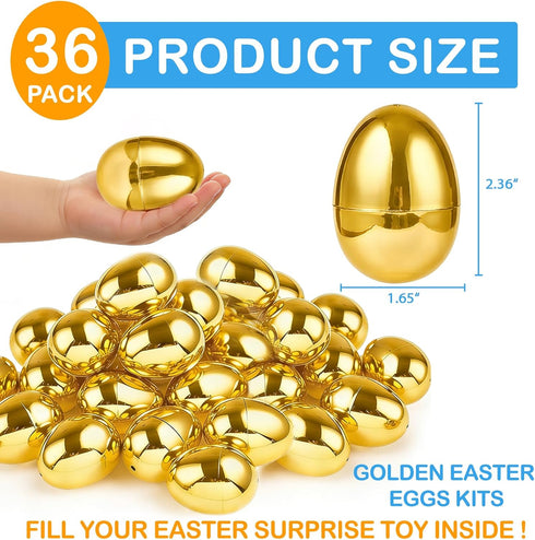 36PCS 2.36" TURNMEON Plastic Golden Easter Eggs, Fillable Empty Gold Easter Eggs Bulk for Easter Basket Stuffers