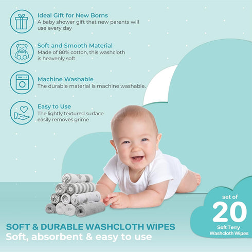 20-Piece Set Spasilk Washcloth for Newborn Boys and Girls, Soft Terry Baby Washcloths, Baby Essentials, Gray Celestial