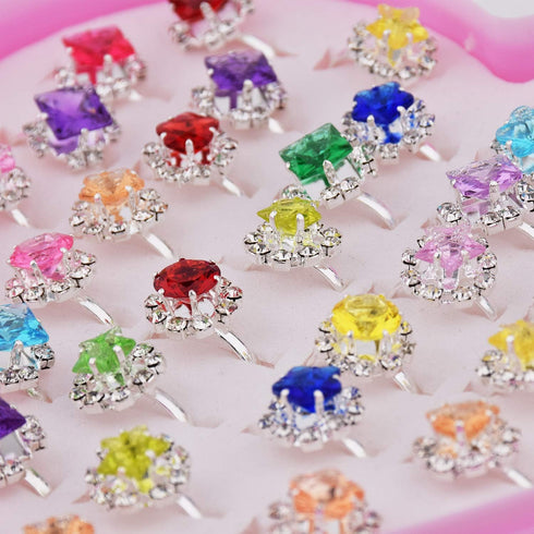 36pcs Adjustable Rhinestone Gem Rings Set for Little Girls with Heart Shape Display Case, Jewelry Rings