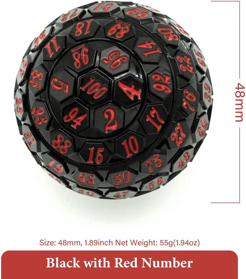 100 Sided Polyhedral D100 Game Dice, Single 48 mm Cube with Black Pouch, Black with Red Number