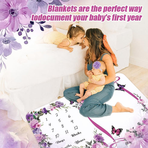 60x40 Inches), Milestone Blanket for Baby Girl (Purple with Photo Aid Frame, Saliva Towel, Erasable Writing Board, Hair