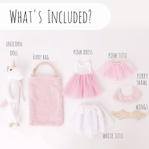 Perfectto Design Ballerina Unicorn Doll Stuffed Animal Play Set for Girls - Plush Toy Doll Set with Bag, Tutu Cloths,