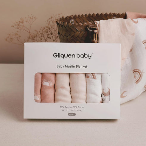 GLLQUEN BABY Receiving Blanket, Cotton Muslin Swaddle Blankets, 6 Pack, Breathable & Soft, Newborn Squares, Sun