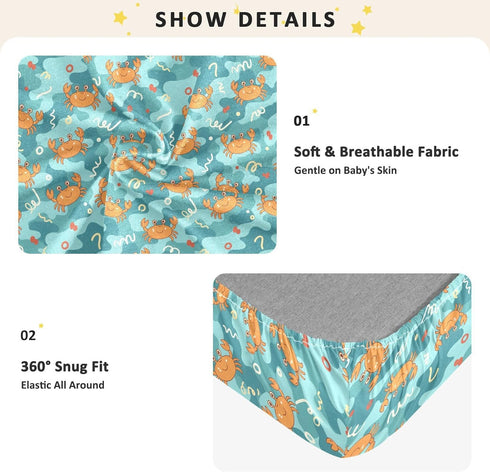 Jynexis 52x28 Crabs Underwater Blue Print Baby Crib Sheets, Cotton Fitted Crib Sheet, Soft Breathable, Fits Standard