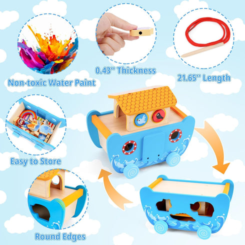 2 3 4 2-4 Toddlers Noah's Ark Toys with Wooden Animal Shape Sorters, Baptism Gifts for Girls Boys Years Old, Montessori