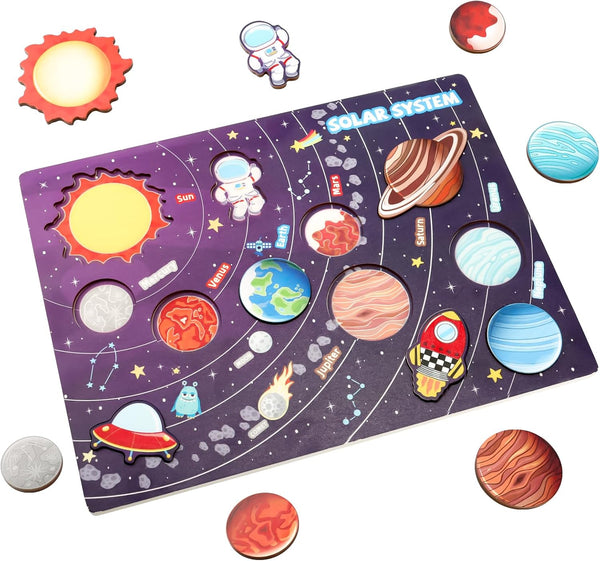 Gserin Wooden Solar System Puzzle for Kids, Montessori Toys Movable Planets Board Game