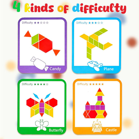 LovesTown 209 PCS Shapes Wooden Pattern Blocks - Geometric with Activity Cards and Storage Bag for Kids