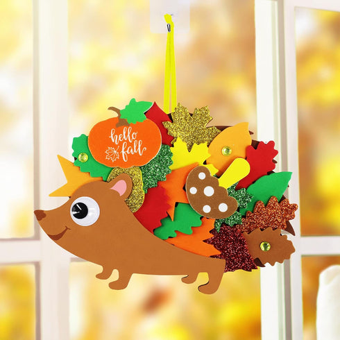 Winlyn 24 Sets Fall Craft Kits, DIY Hedgehog Ornaments and Leaf Foam Stickers for Thanksgiving Classroom Activities