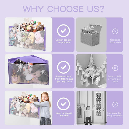 ANROYE Large Corner Stuffed Animal Storage, Purple Wall Hammock for Kids Plushies Toy Organizer