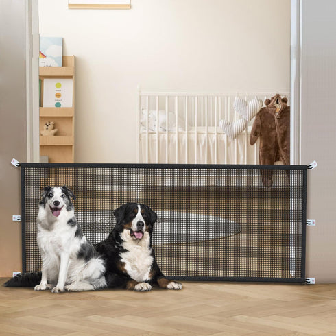 Indoor Dog Gate for Stairs: 30" Tall, 70" Wide Mesh Safety Gate for Kitchen Doorways, Hallways, and Porch