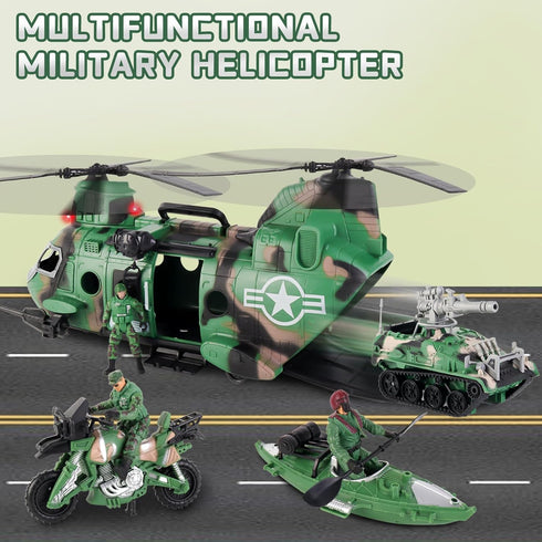 Set Playset, deAO Military Helicopter Toys Army Men Army Toys with Army Tank, Soldier Action Figures, Motorcycle