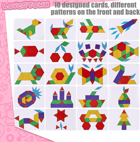 LovesTown 150PCS Wooden Pattern Blocks, Geometric Shapes Tangram Puzzles for Kids with Educational Cards
