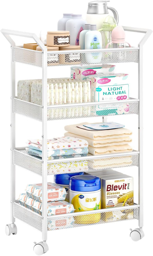 3IngSeagulls 4-Tier Baby Diaper Caddy Cart, Diaper Caddy Organizer and Storage, Rolling Utility Cart for Baby Supplies
