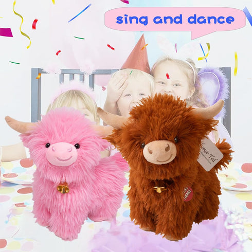 Crazy Dancing Singing Funny Highland Cow Stuffed Animals, Interactive Scottish Highlander Cattle Musical Valentines Day