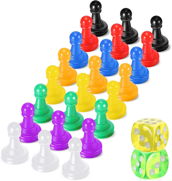 26 Pieces Multicolor Board Game Components, Includes 24 Plastic Pawn Chess Pieces and 2 Plastic 6-Sided Dice