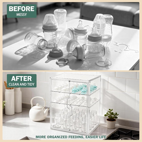 RISICULIS 3-Tier Countertop 2 Baby Bottle Organizer, Bottle Storage for with Double Magnetic Doors, Clear Plastic