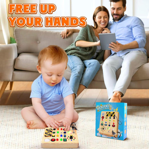 TINTECUSA Busy Board with LED Light, Wooden Sensory Toys for Toddler, Montessori Music Toy for Airplane, Travel