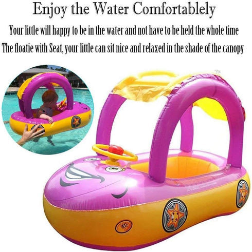Summer Baby Pool Float with Canopy Steering Wheel Sunshade Swim Ring Car Inflatable Toys Infants Float Seat Boat