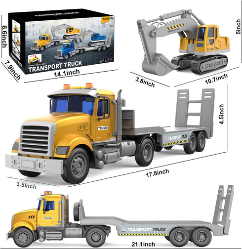 DOWELLIN 22" Transports Trucks Kids Toys, Large Semi Truck Toy Carrier and Excavator Truck with Sound&Light,Friction